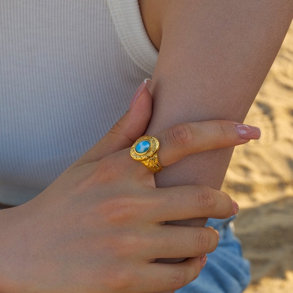 18K Gold Plated Larimar Stone Ring*Vintage Ring*Hammered Design*Gold Ring *JD - Picture 3 of 4